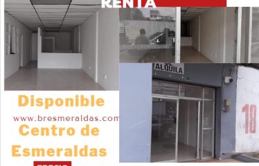 Se arrienda un local comercial en el centro de Esmeraldas, ubicado en la intersección de las calles Bolívar y Mejía. El local tiene una superficie de 189 m² en forma de «L» y cuenta con 2 baños, lo que lo hace ideal para empresas, fundaciones o notarías.