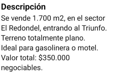 Se vende 1.700 m2, vía al Triunfo, kilómetro 27 (redondel), al pie de la carretera.